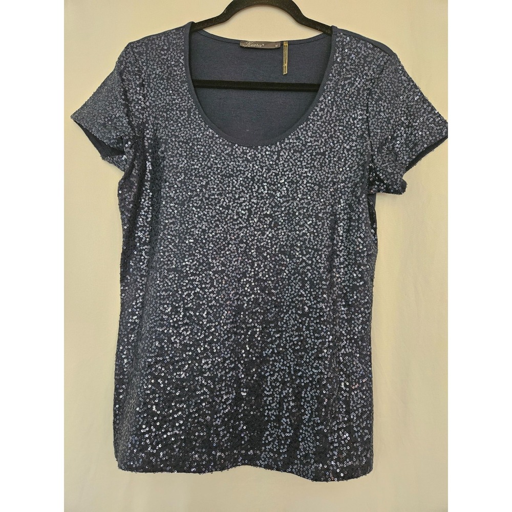 Kiara‎ Women's Sequin Blue Short Sleeve Sparkling Top Medium M NWT